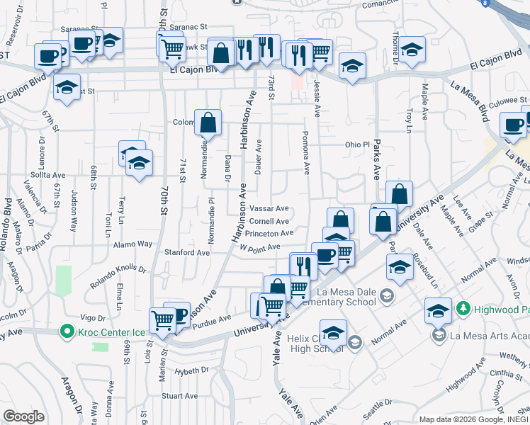 map of restaurants, bars, coffee shops, grocery stores, and more near 7277 Vassar Avenue in La Mesa