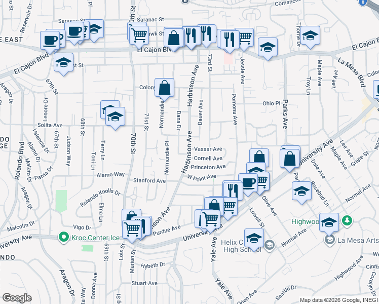 map of restaurants, bars, coffee shops, grocery stores, and more near 4551 Harbinson Avenue in La Mesa