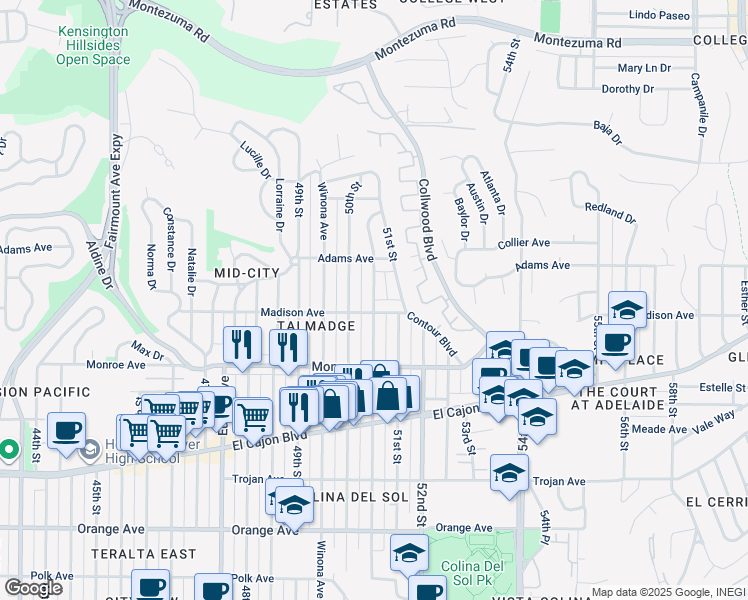 map of restaurants, bars, coffee shops, grocery stores, and more near 4615 Altadena Avenue in San Diego