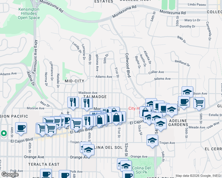 map of restaurants, bars, coffee shops, grocery stores, and more near 4615 Altadena Avenue in San Diego