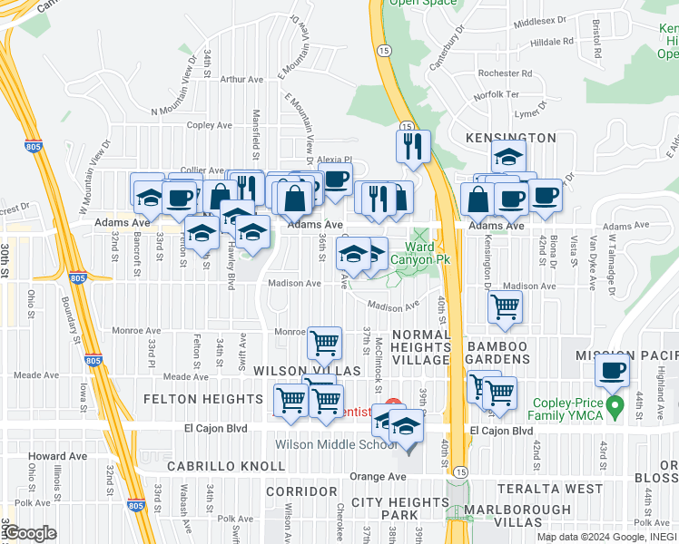 map of restaurants, bars, coffee shops, grocery stores, and more near 4609 East Mountain View Drive in San Diego