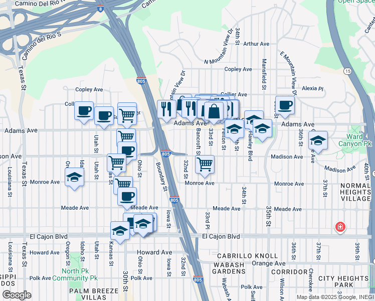 map of restaurants, bars, coffee shops, grocery stores, and more near 4621 32nd Street in San Diego