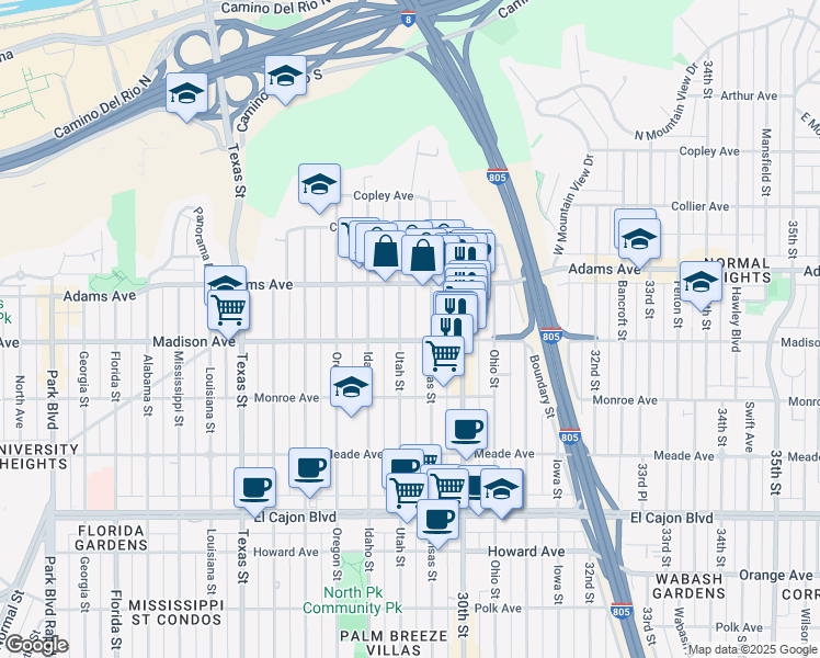 map of restaurants, bars, coffee shops, grocery stores, and more near 4602 Kansas Street in San Diego