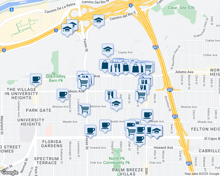 map of restaurants, bars, coffee shops, grocery stores, and more near 2716 Madison Avenue in San Diego