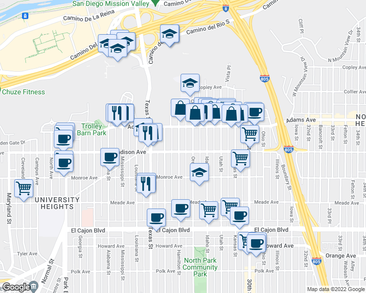 map of restaurants, bars, coffee shops, grocery stores, and more near 4620 Hamilton Street in San Diego