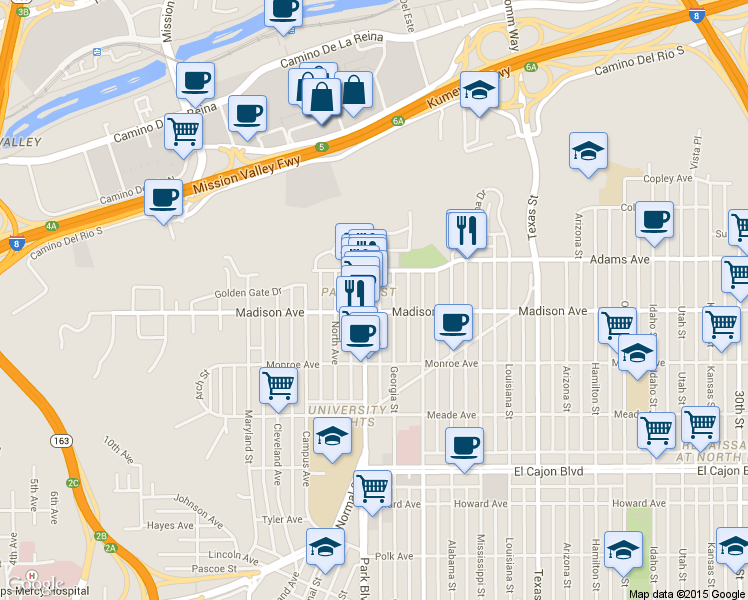 map of restaurants, bars, coffee shops, grocery stores, and more near 4628 Georgia Street in San Diego