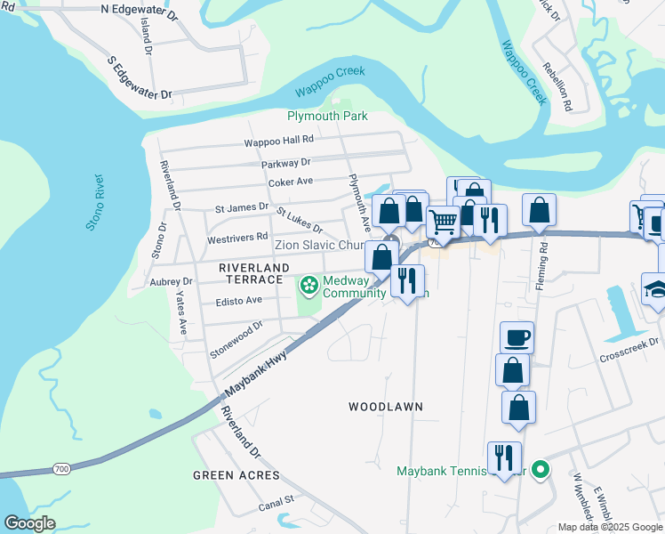 map of restaurants, bars, coffee shops, grocery stores, and more near 2060 Medway Road in Charleston