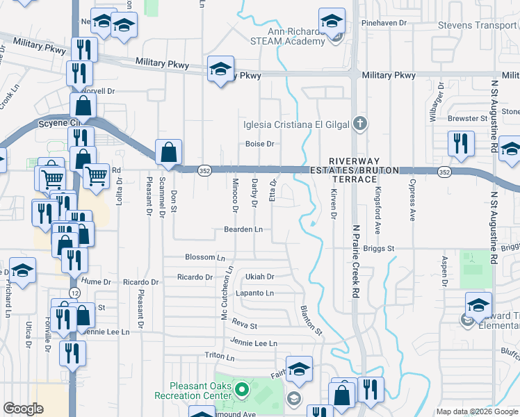 map of restaurants, bars, coffee shops, grocery stores, and more near 2935 Darby Drive in Dallas