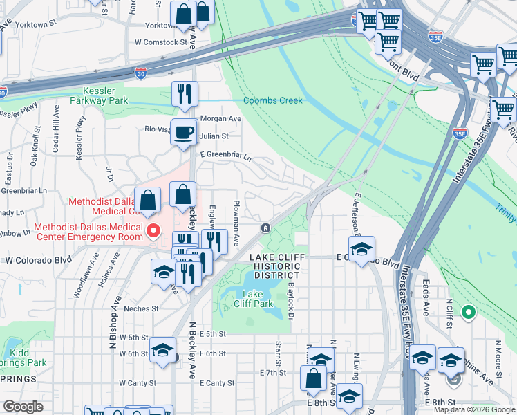 map of restaurants, bars, coffee shops, grocery stores, and more near in Dallas