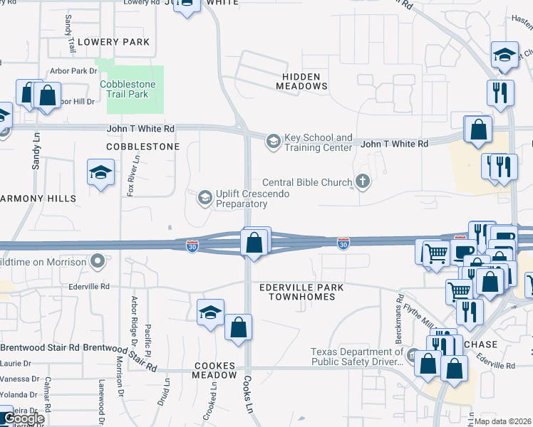 map of restaurants, bars, coffee shops, grocery stores, and more near 1301 Cooks Lane in Fort Worth