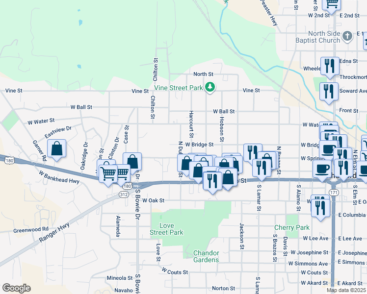 map of restaurants, bars, coffee shops, grocery stores, and more near 905 West Bridge Street in Weatherford