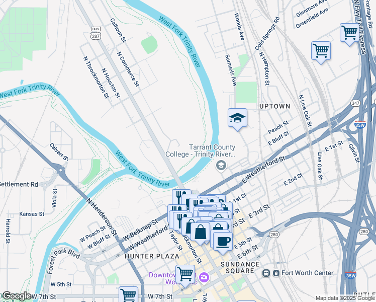 map of restaurants, bars, coffee shops, grocery stores, and more near 352 North Main Street in Fort Worth