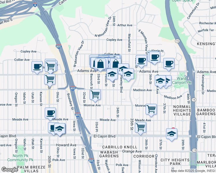 map of restaurants, bars, coffee shops, grocery stores, and more near 4615 Felton Street in San Diego