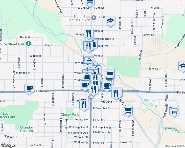 map of restaurants, bars, coffee shops, grocery stores, and more near 224 North Main Street in Weatherford