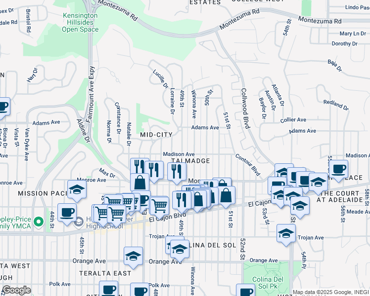 map of restaurants, bars, coffee shops, grocery stores, and more near 4621 49th Street in San Diego