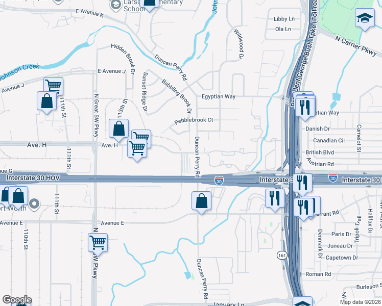 map of restaurants, bars, coffee shops, grocery stores, and more near 2308 Avenue H East in Grand Prairie