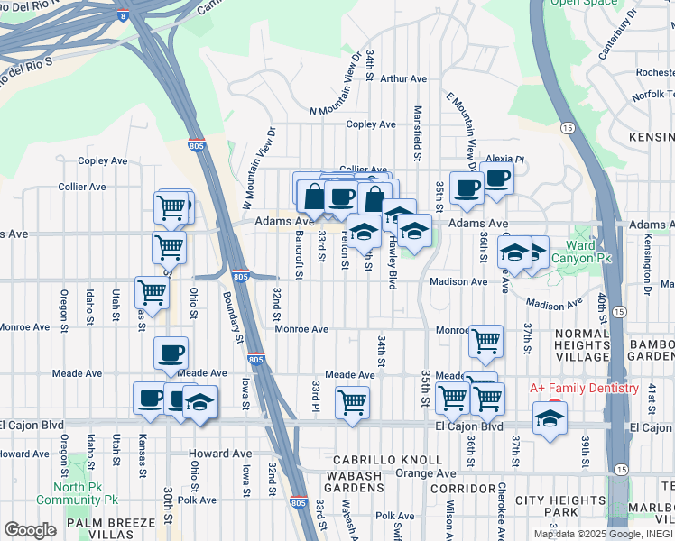 map of restaurants, bars, coffee shops, grocery stores, and more near 4614 Felton Street in San Diego