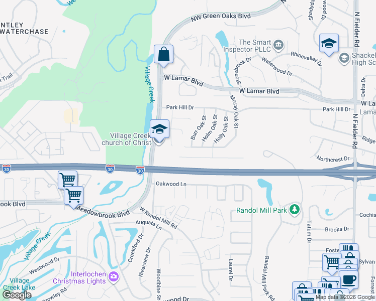 map of restaurants, bars, coffee shops, grocery stores, and more near 2204 Mossy Oak Street in Arlington