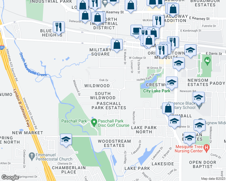 map of restaurants, bars, coffee shops, grocery stores, and more near 628 Pecan Drive in Mesquite