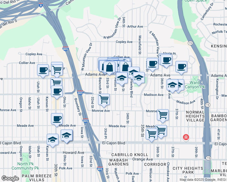 map of restaurants, bars, coffee shops, grocery stores, and more near 4621 Felton Street in San Diego