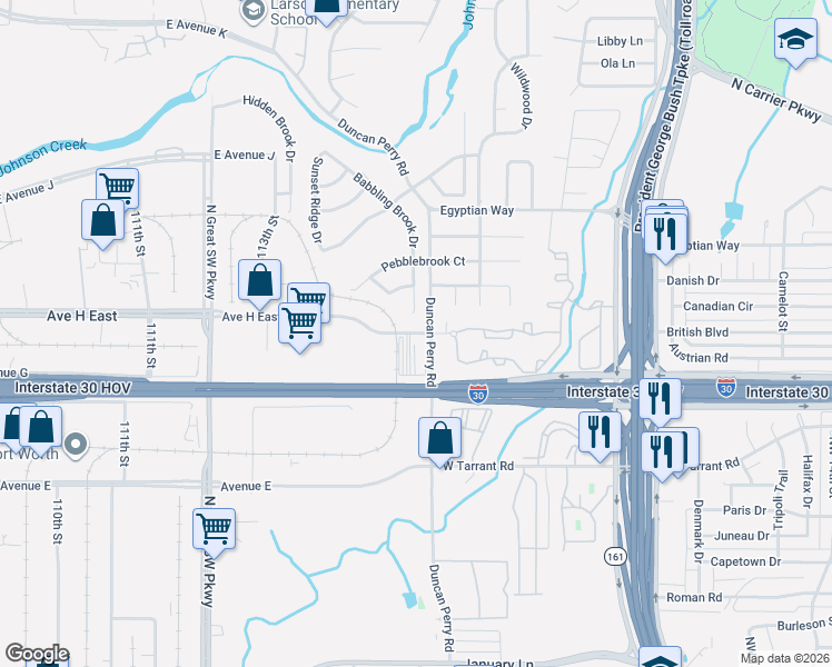 map of restaurants, bars, coffee shops, grocery stores, and more near 2300 Avenue H East in Grand Prairie