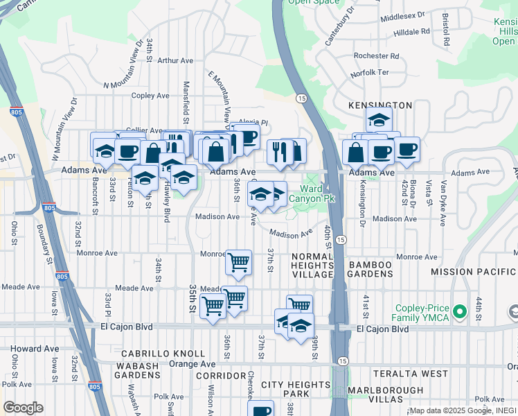 map of restaurants, bars, coffee shops, grocery stores, and more near 4609 East Mountain View Drive in San Diego