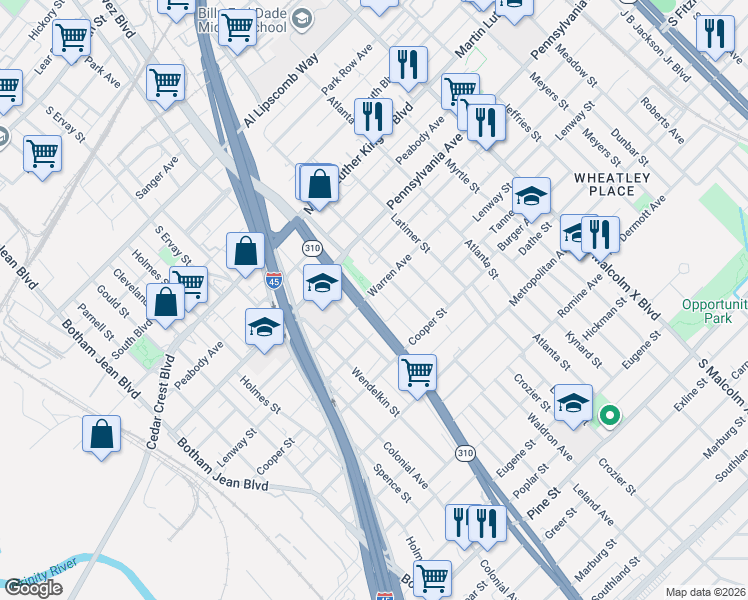 map of restaurants, bars, coffee shops, grocery stores, and more near 3402 South Central Expressway in Dallas
