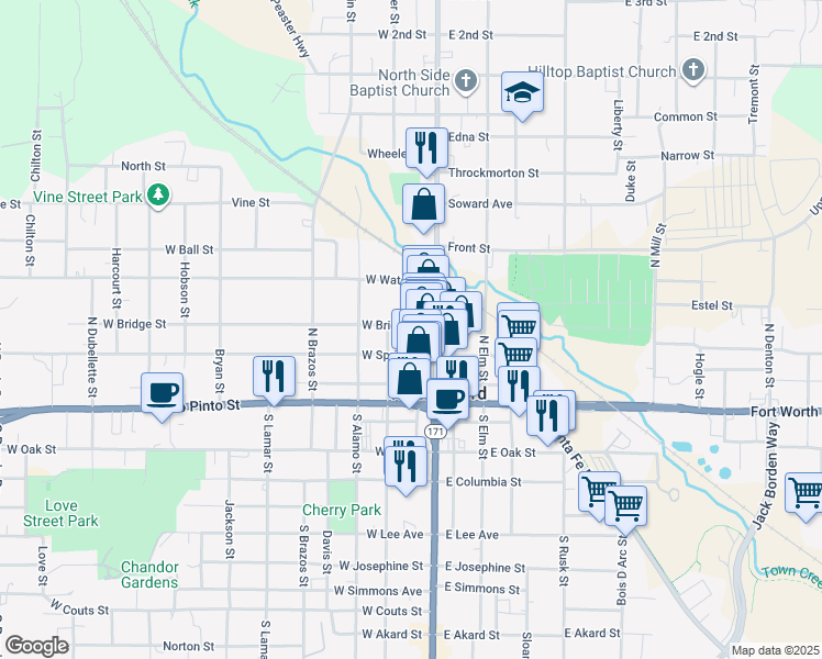 map of restaurants, bars, coffee shops, grocery stores, and more near 217 York Avenue in Weatherford