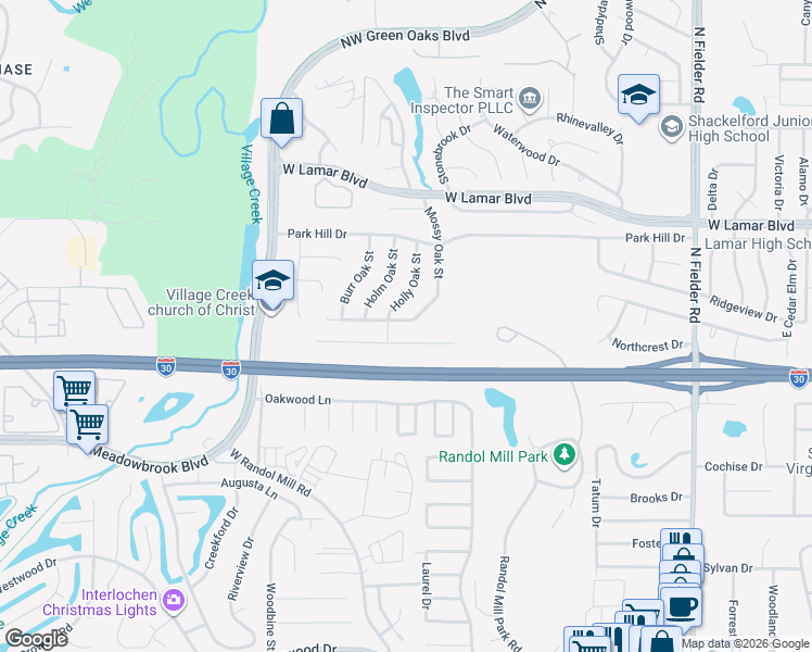 map of restaurants, bars, coffee shops, grocery stores, and more near 2102 Mossy Oak Street in Arlington