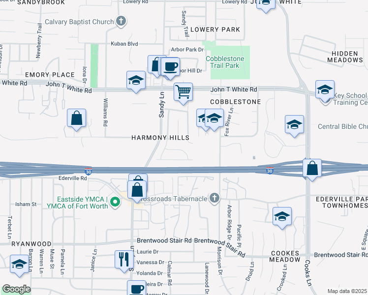 map of restaurants, bars, coffee shops, grocery stores, and more near 7437 Sunray Drive in Fort Worth