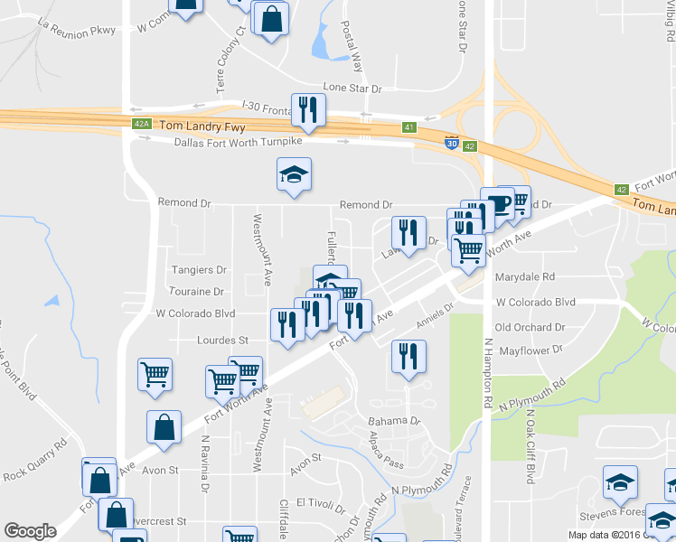 map of restaurants, bars, coffee shops, grocery stores, and more near 1250 Fullerton Dr in Dallas