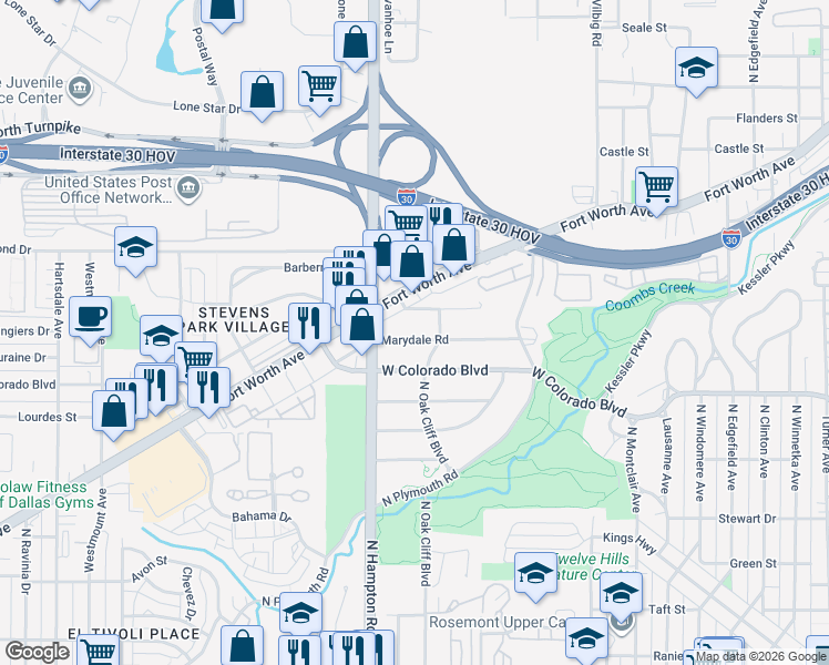 map of restaurants, bars, coffee shops, grocery stores, and more near 2023 Marydale Road in Dallas