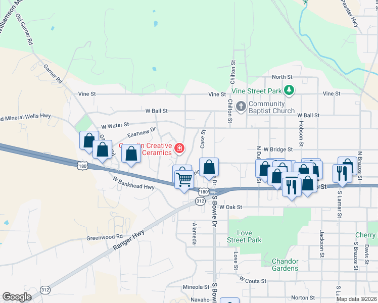 map of restaurants, bars, coffee shops, grocery stores, and more near 219 Clinton Drive in Weatherford