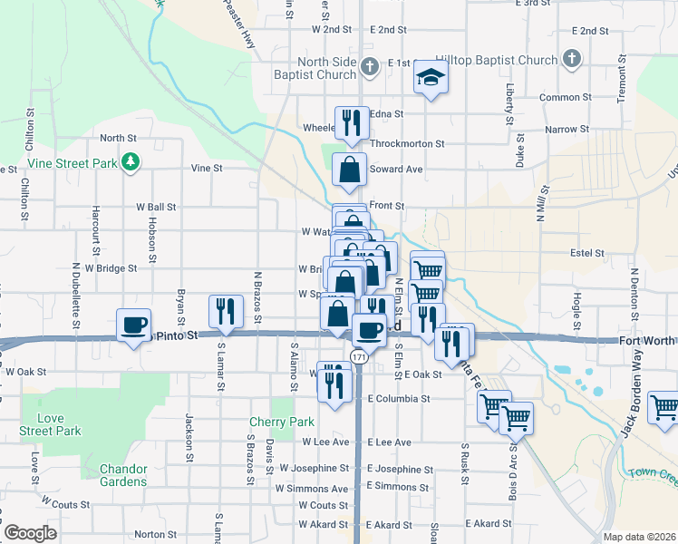 map of restaurants, bars, coffee shops, grocery stores, and more near 217 York Avenue in Weatherford