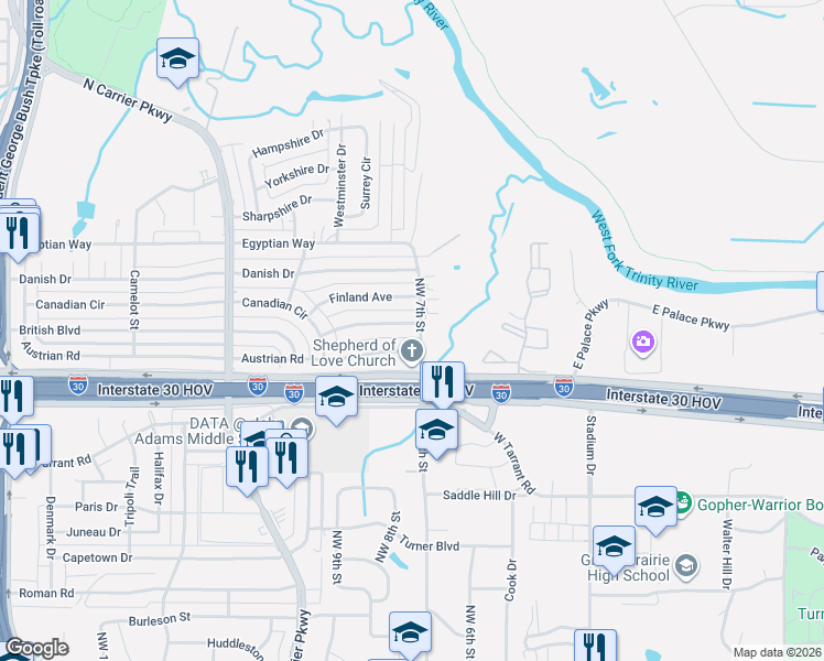 map of restaurants, bars, coffee shops, grocery stores, and more near 1433 Northwest 7th Street in Grand Prairie