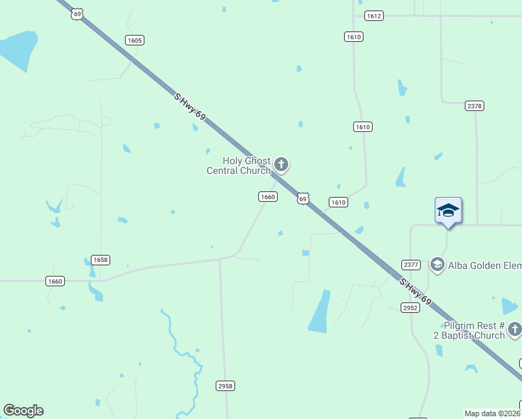 map of restaurants, bars, coffee shops, grocery stores, and more near County Road 1660 in Alba