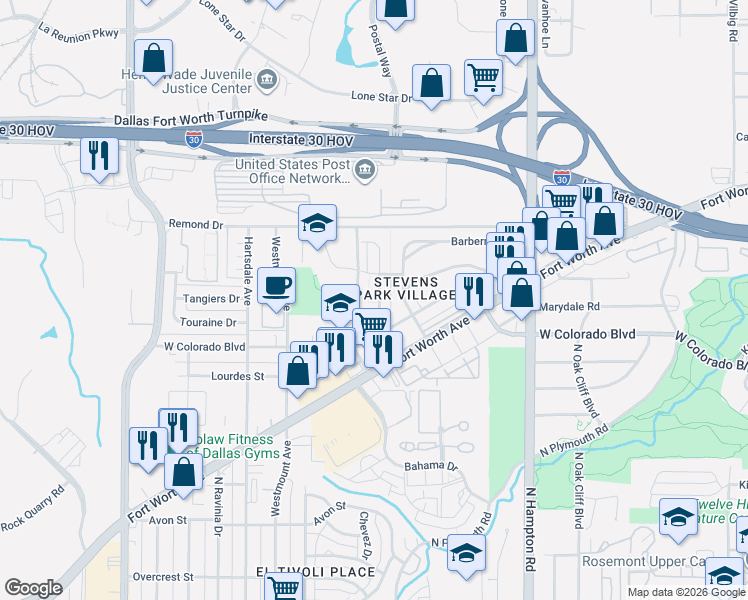 map of restaurants, bars, coffee shops, grocery stores, and more near 1250 Fullerton Drive in Dallas