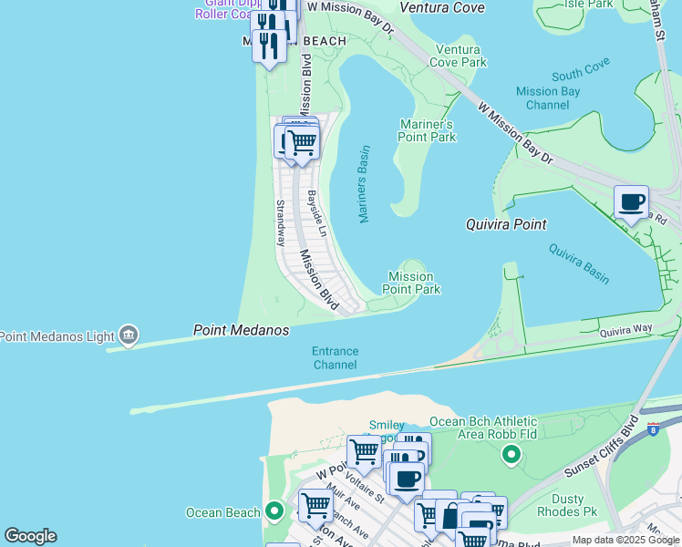 map of restaurants, bars, coffee shops, grocery stores, and more near 2694 Bayside Walk in San Diego