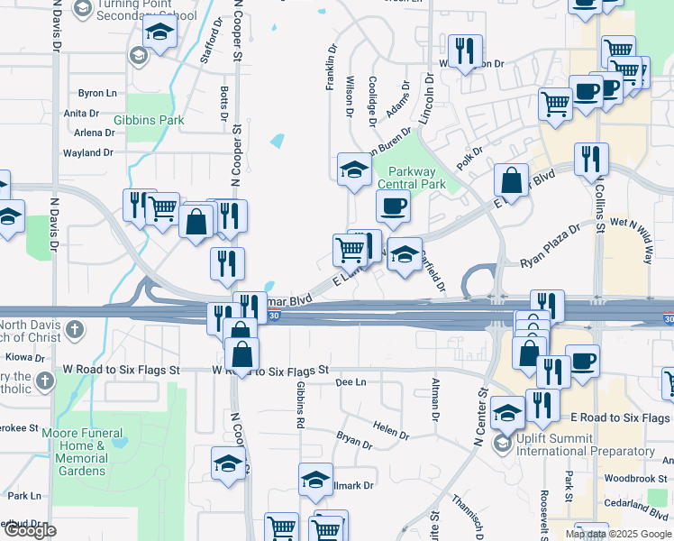 map of restaurants, bars, coffee shops, grocery stores, and more near 425 East Lamar Boulevard in Arlington