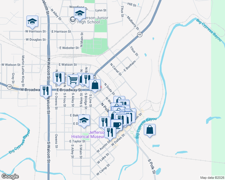 map of restaurants, bars, coffee shops, grocery stores, and more near 301 East Clarksville Street in Jefferson