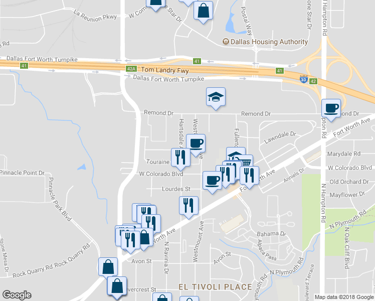 map of restaurants, bars, coffee shops, grocery stores, and more near 1330 Hartsdale Dr in Dallas