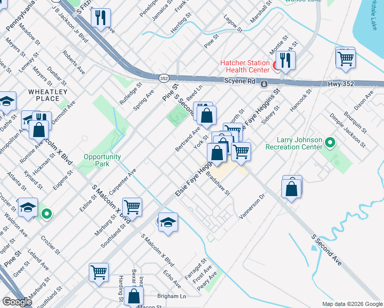 map of restaurants, bars, coffee shops, grocery stores, and more near 4600 Bradshaw Street in Dallas