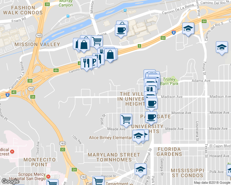 map of restaurants, bars, coffee shops, grocery stores, and more near 1245 Golden Gate Drive in San Diego