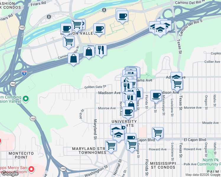 map of restaurants, bars, coffee shops, grocery stores, and more near 4622 Campus Avenue in San Diego