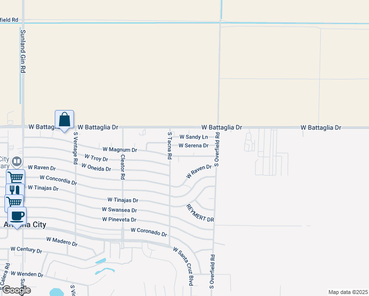 map of restaurants, bars, coffee shops, grocery stores, and more near 8311 West Serena Drive in Arizona City