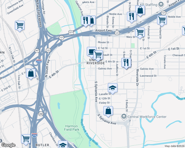 map of restaurants, bars, coffee shops, grocery stores, and more near 2521 Lawnwood Street in Fort Worth