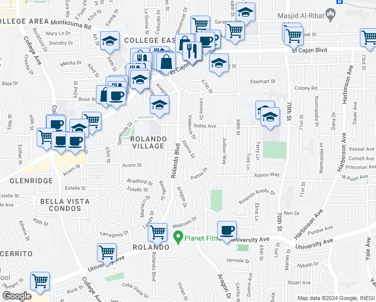 map of restaurants, bars, coffee shops, grocery stores, and more near 4600 Alamo Drive in San Diego