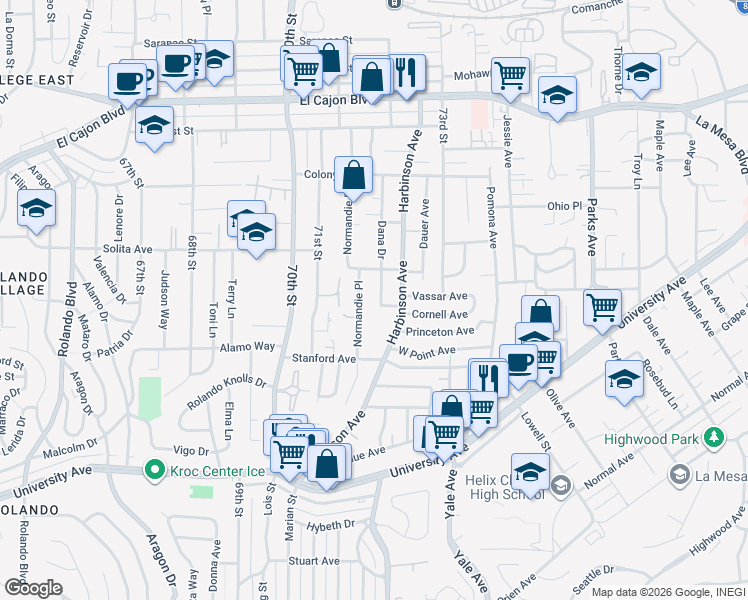 map of restaurants, bars, coffee shops, grocery stores, and more near 4544 Dana Drive in La Mesa