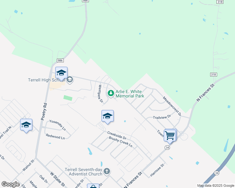 map of restaurants, bars, coffee shops, grocery stores, and more near 405 Town North Drive in Terrell