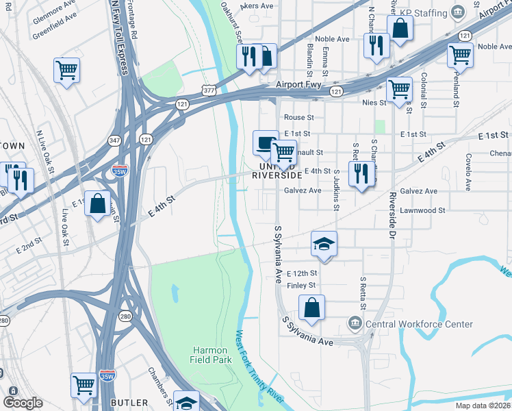 map of restaurants, bars, coffee shops, grocery stores, and more near 2501 Lawnwood Street in Fort Worth